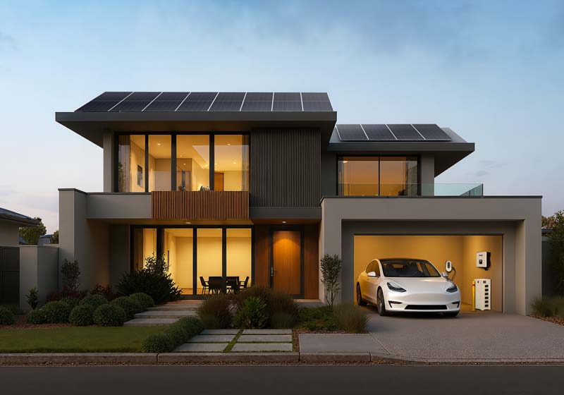 Modern home with electric car and EV charger at sunset