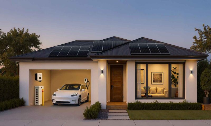 Home with solar panels, battery stoage and EV charger