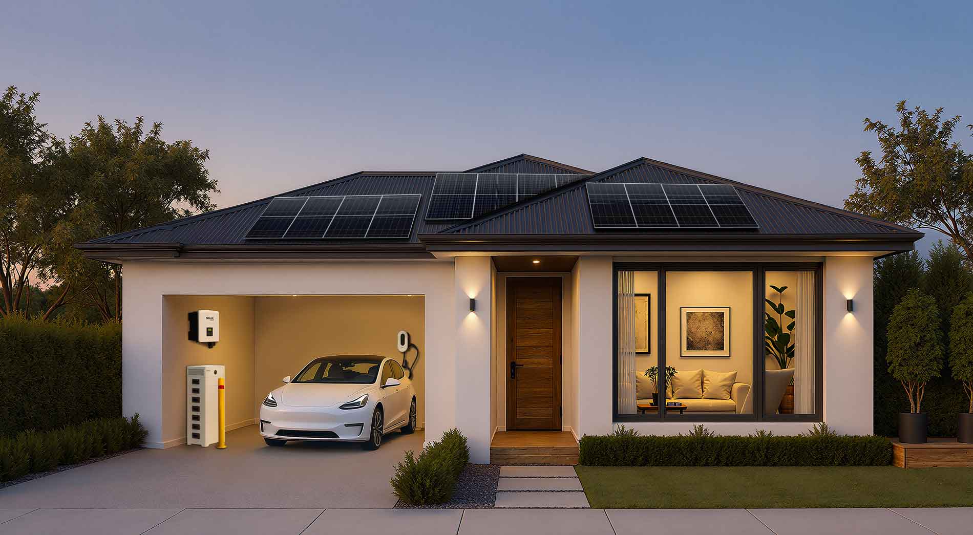 Home with solar panels, battery stoage and EV charger