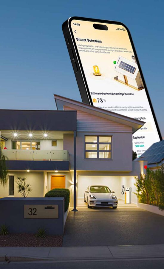 SolarX home battery monitoring app shown over a home at night