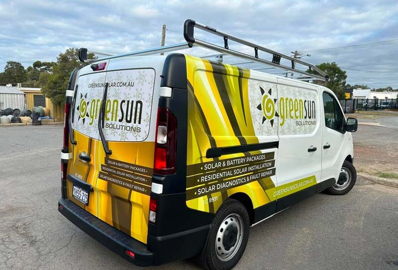 Green Sun Solutions service van Green Sun Solutions van with company signage