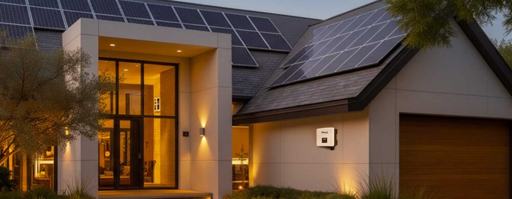 SolarX battery system mounted on an exterior wall at sunset