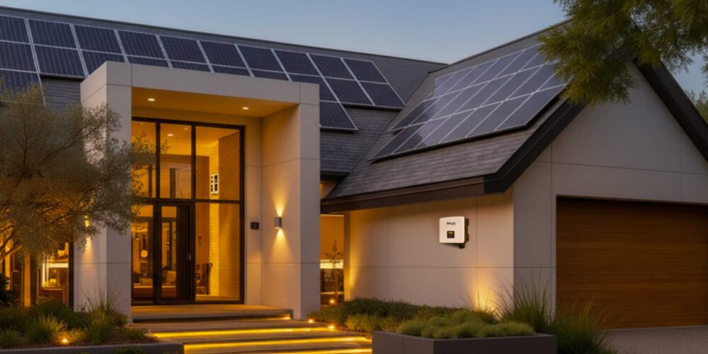 SolarX battery system mounted on an exterior wall at sunset
