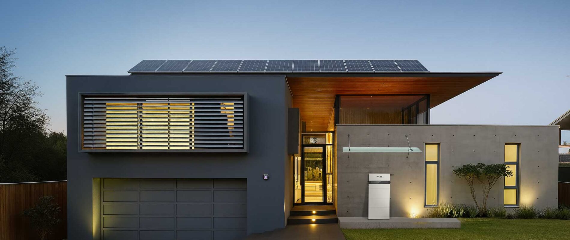 Home with SolarX battery system at sunset