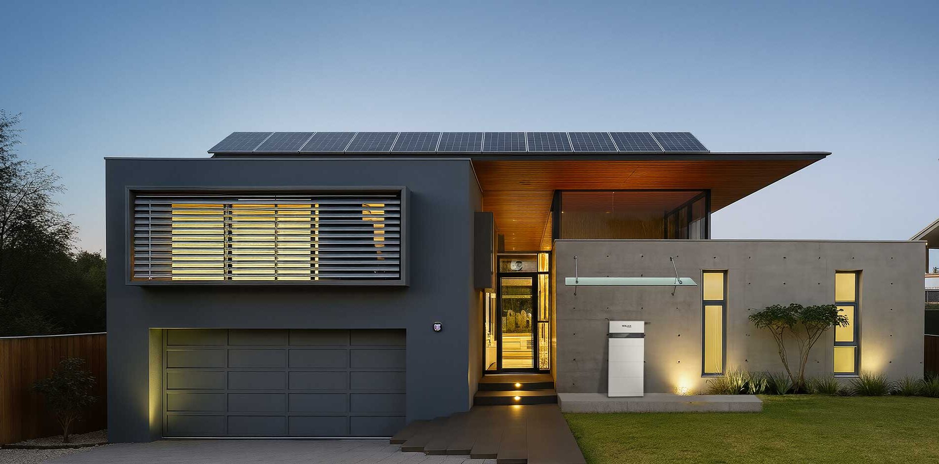 Home with SolarX battery system at sunset